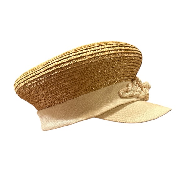 Eric Javits NWT Vintage 1990 Straw Fabric Military Cap Rope Detail Elegant main image 4